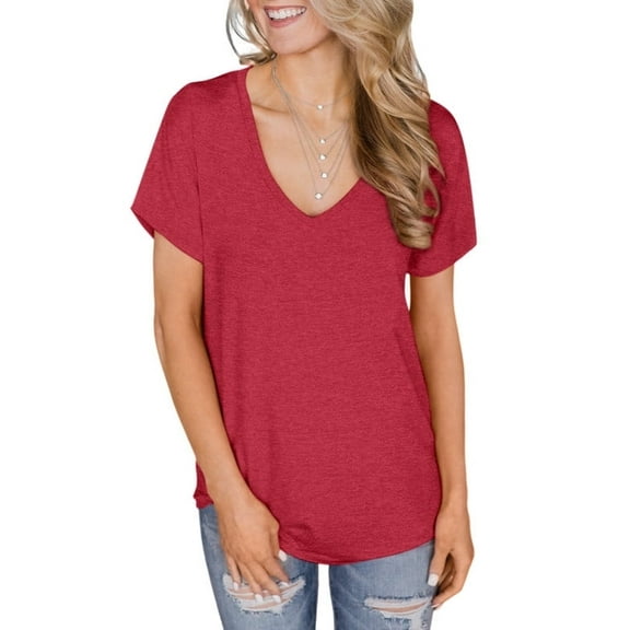 ONLYSHE Womens Summer V Neck T Shirts Short Sleeve Loose Fit Basic Tunic Tops Blouse
