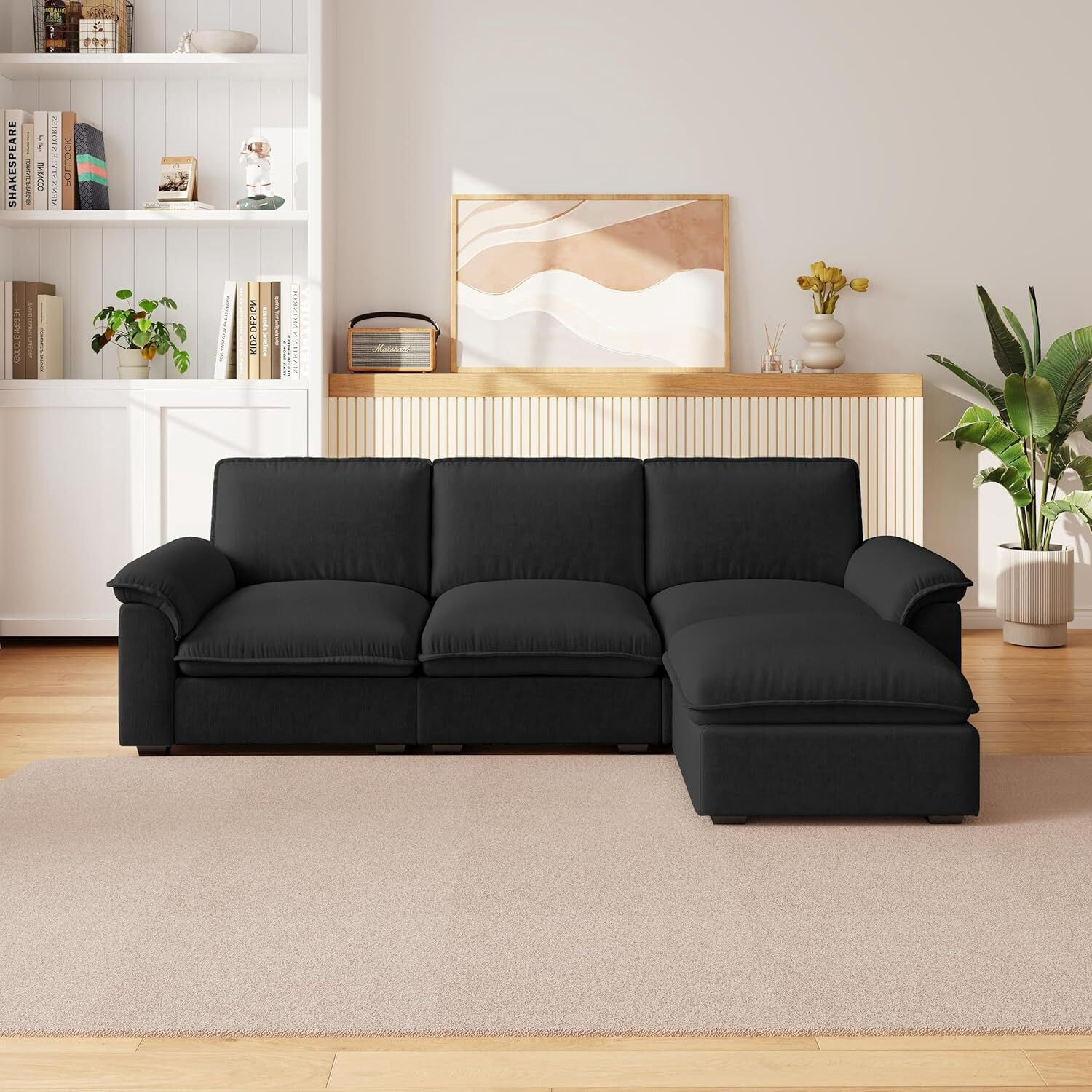 Carzzi-Life 102" Sofa Couch for Living Room, Modern Comfy Sofa with Extra Depth Seat and Ottoman, 3 Seater Chenille Couches for Living Room Apartment, Black