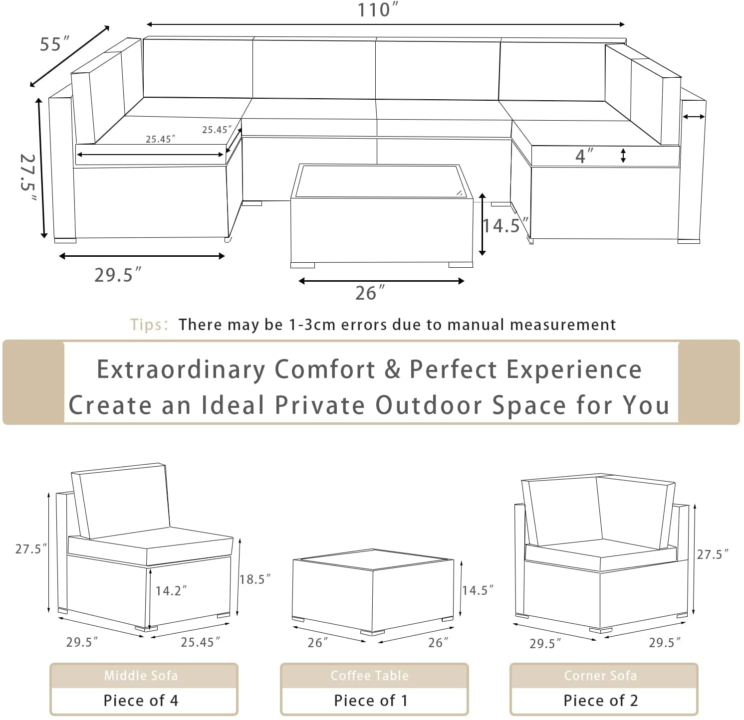 Gotland 7 Piece Outdoor Patio Furniture Sets, Outdoor Furniture Patio Sectional Sofa, All Weather Woven Wicker Patio Sofa Brown PE Rattan Patio Conversation Set (Sand)