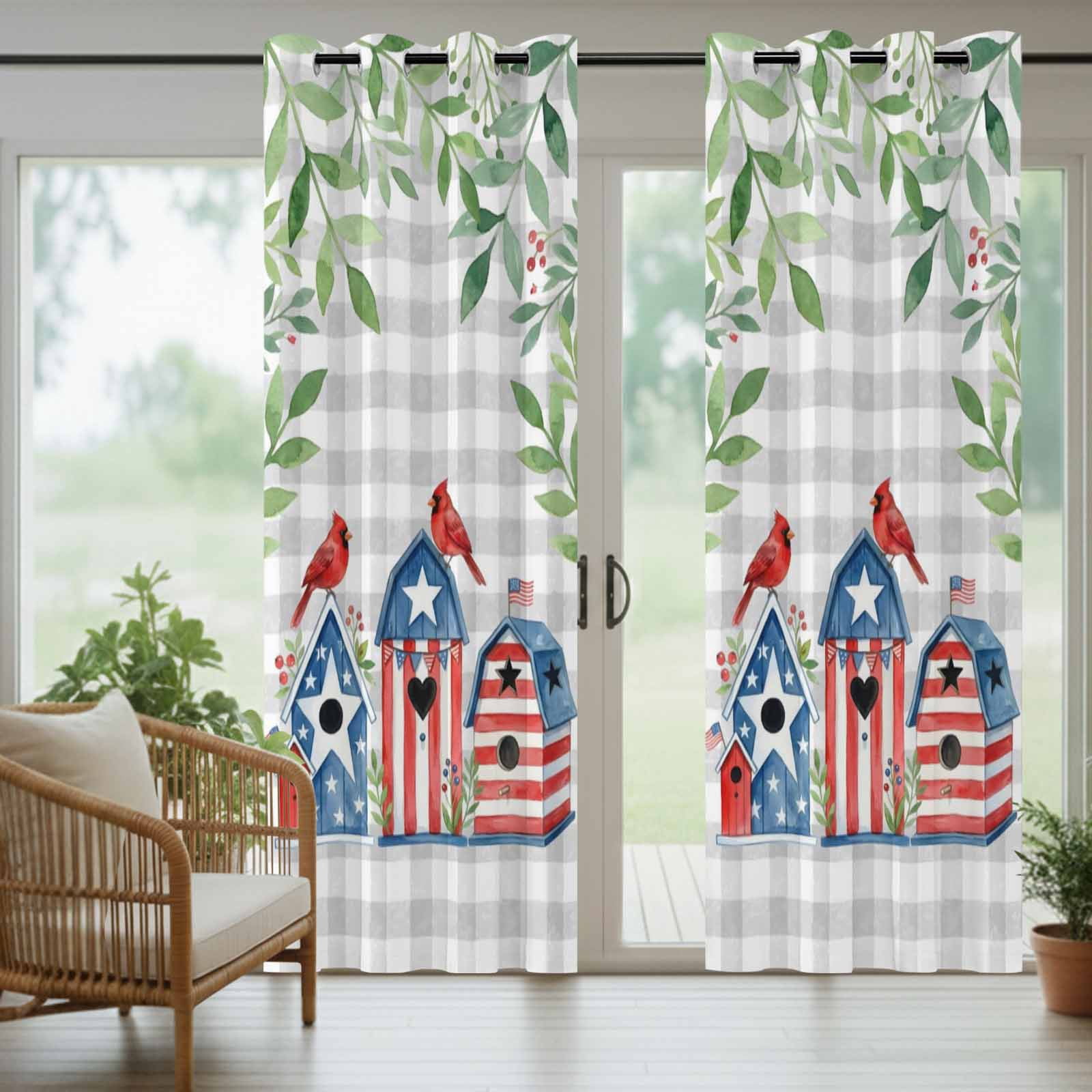 Independence Day Outdoor Curtains for Patio, Watercolor Cardinal Bird Birdhouses Leaf Grey Plaid Sunshade Privacy Drapes Grommet Waterproof Outside Curtains for Porch/Cabana/Balcony 54"x108", 1 Panel