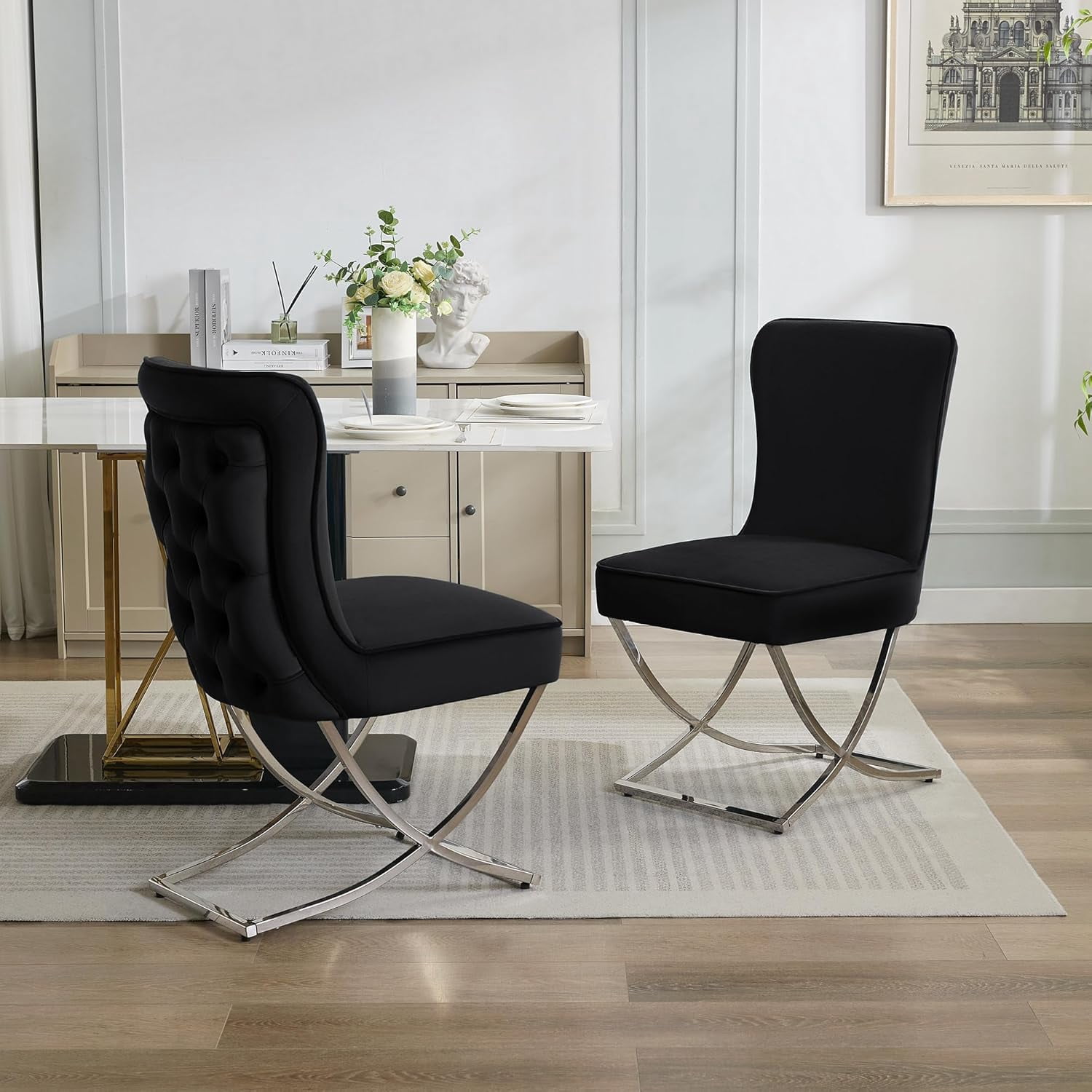 2PCS Luxury Velvet Dining Chairs, Tufted Upholstered Armless Accent Chairs with Silver Metal X-Legs, Modern Glam Dining Chair Kitchen Chairs, Black
