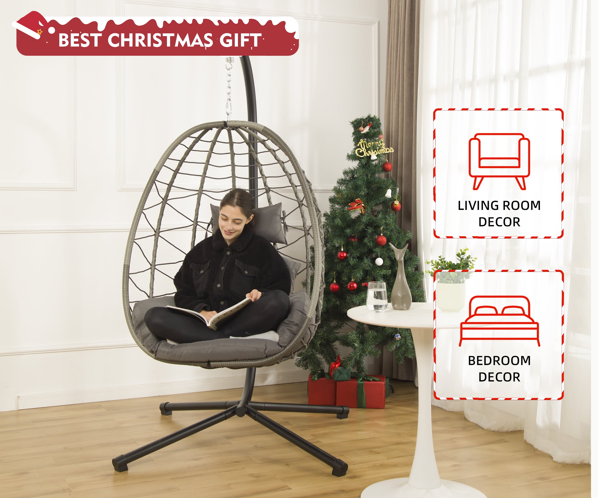 Bifanuo Swing chair clearance indoor Home Outdoor Egg Swing Chair, Patio Hanging Wicker basket stand with Soft Cushion UV Resistant 350LBS Capacity for Patio Backyard