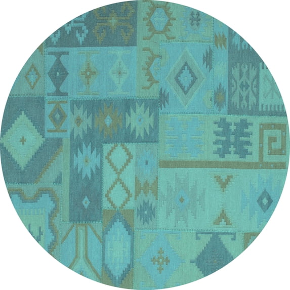 Ahgly Company Machine Washable Indoor Round Patchwork Turquoise Blue Transitional Area Rugs, 6' Round