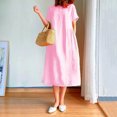 thumbnail image 1 of JUNWELL Robe Femme Coton Lin Décontractée Été Couleur Unie Manches Courtes Ample Plage Kaftan Midi, 1 of 7