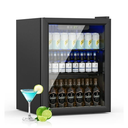 Compact 76 Can/1.7 Cubic Foot Beverage Fridge With Glass Door For Soda, Beer Or Wine, Under Counter Drinks Refrigerator