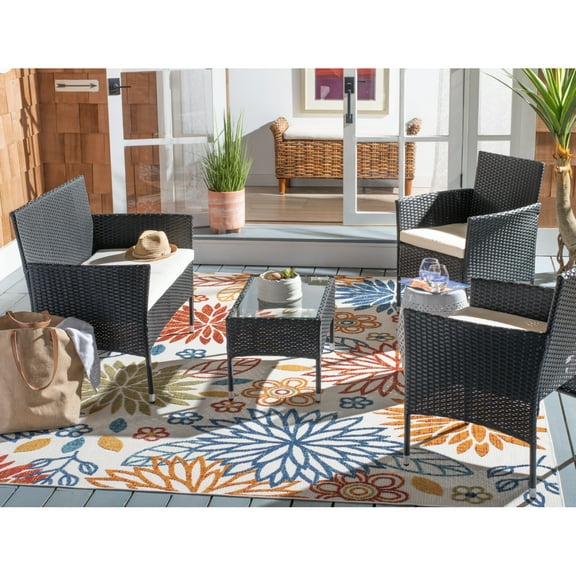SAFAVIEH Abdul Outdoor Patio 4 Pc Conversation Set, Black/Light Grey