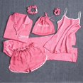 thumbnail image 3 of Pijama de siete piezas de color sólido para mujer, cárdigan de seda para primavera/otoño/verano, ropa de hogar, traje de pijama de seda artificial de 7 piezas, 3 of 5