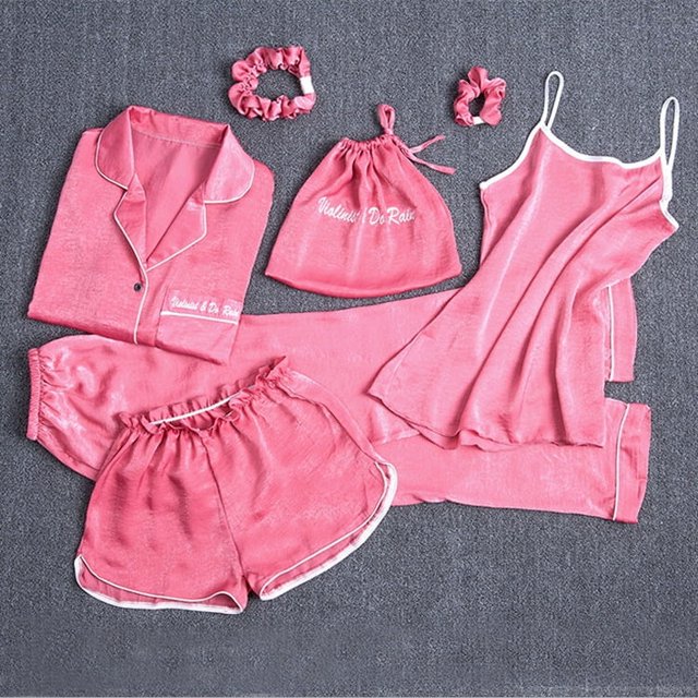 Pijama de siete piezas de color sólido para mujer, cárdigan de seda para primavera/otoño/verano, ropa de hogar, traje de pijama de seda artificial de 7 piezas