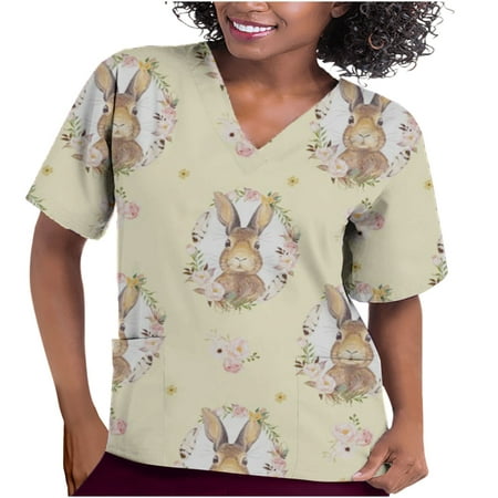 

Taqqpue Easter V-Neck Short Sleeve Scrub Tops for Women Plus Size Cute Easter Eggs Bunny Rabbit Print Blouse Casual Pockets Nurse Working Uniform Workout Tops Workwear T-Shirts with Pockets