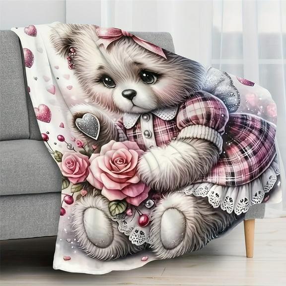 Cute Fun Print Flannel Blanket Soft Warm Cozy Doll Bear Blanket Skin-friendly Flannel Blanket For Sofa Bed Car Camping Office Home Decor Gift Blanket For All Seasons Knit Fabric