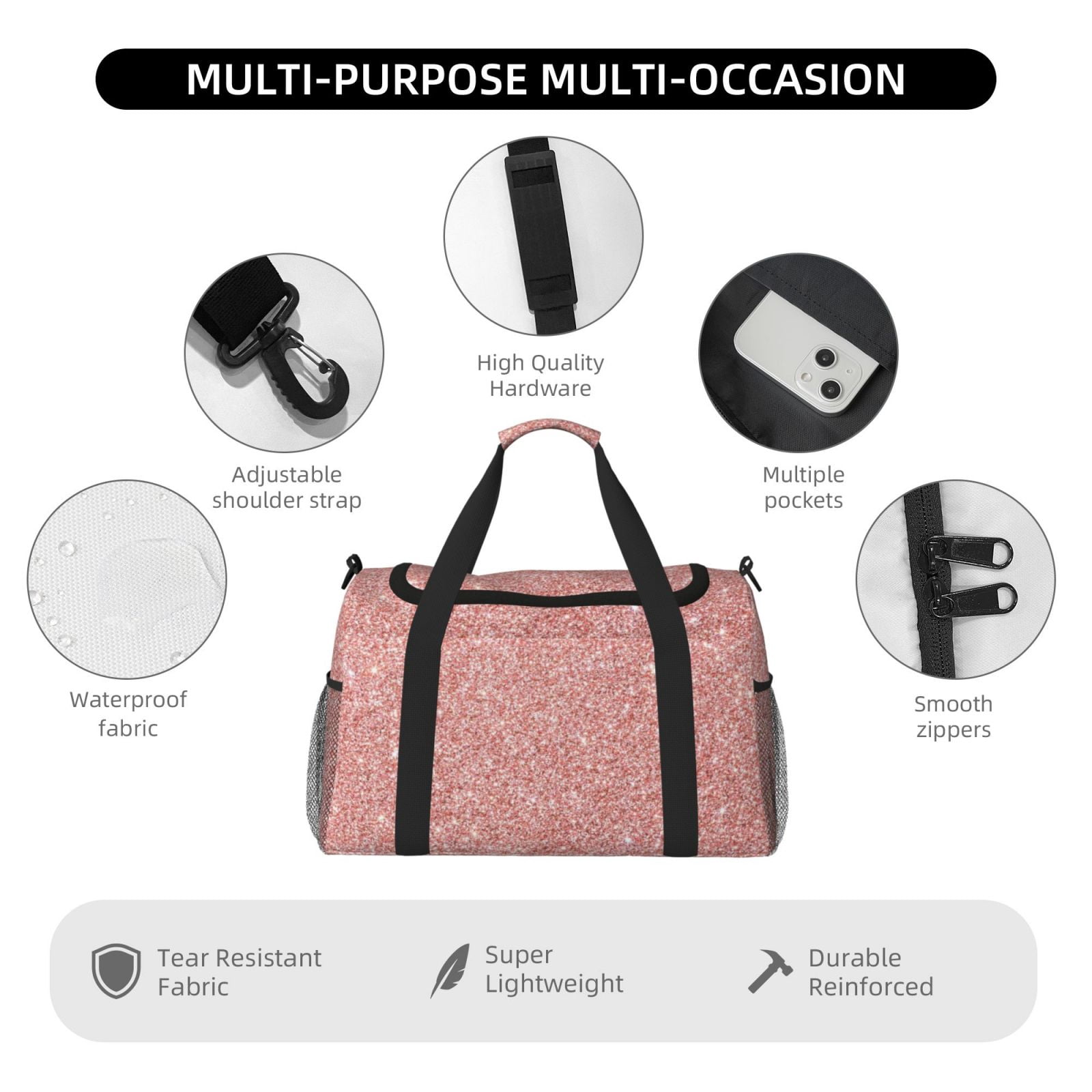 Fuzoiu Rose Gold Glitter Print Travel Duffle Bag,Carry On Tote Bags,Duffel Bag,Sport Gym Bag, Hospital Bag for Labor and Delivery, Overnight Bag,Luggage Bag