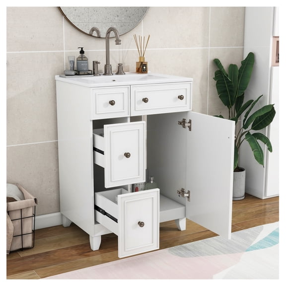 24-Inch Bathroom Vanity Cabinet with Ceramic Sink, 2 Drawers, 1 Door