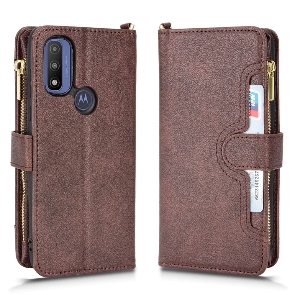 Case for Motorola Moto G PURE Cover Zipper Magnetic Wallet Card Holder PU Leather Flip Case - Brown