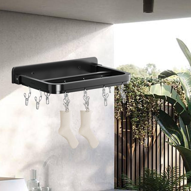 Rejilla de secado colgante plegable, secador de calcetines, clavijas múltiples, soporte para calcetines de lavandería, colgador de goteo, paño Negro 12 clavijas SOLEDAD Perchas con clip plegables
