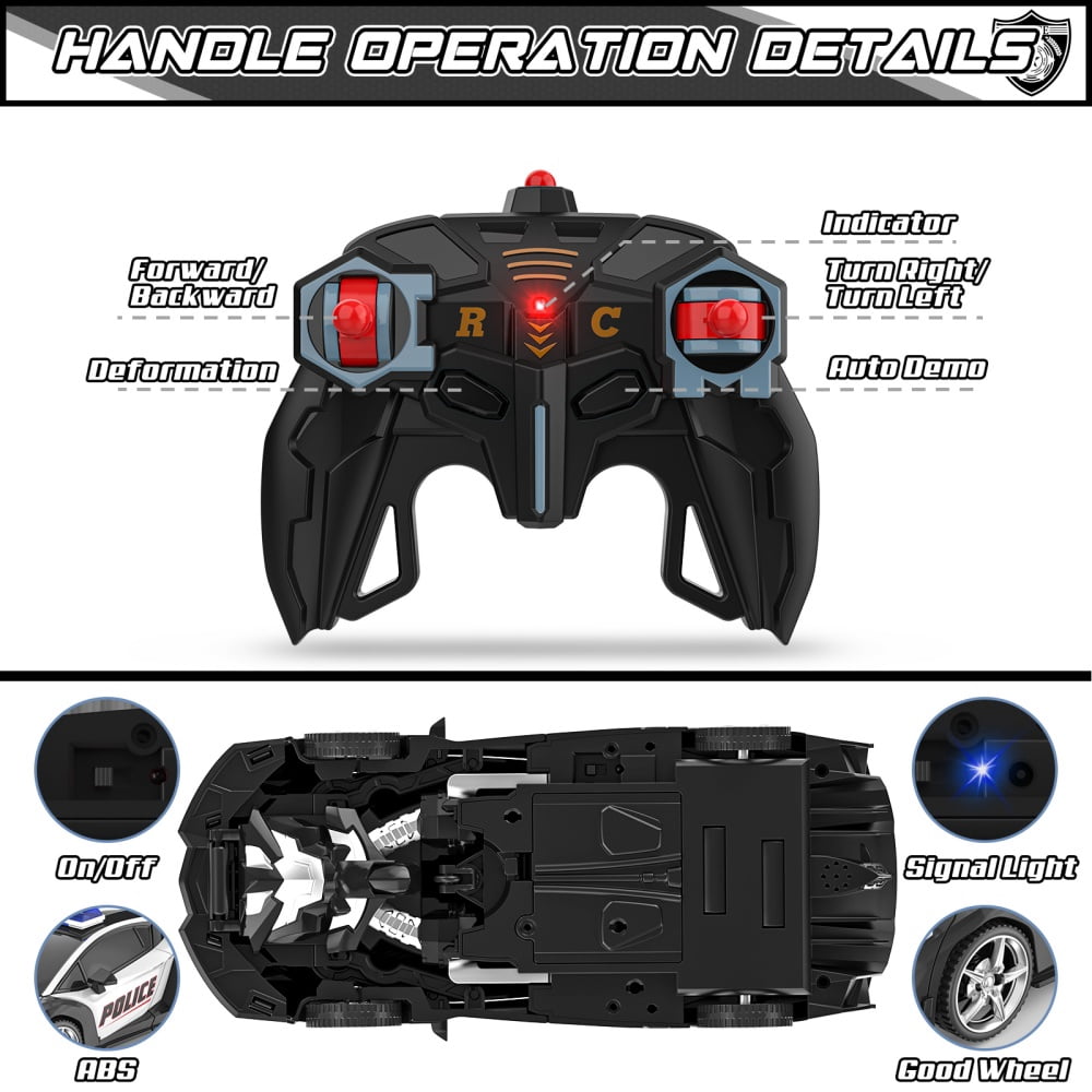 Wupuaait 2.4Ghz Transform Rc Cars 1:18 Scale Remote Control Car Transforming Robot, One-Button Deformation 360° Rotation Car Toy Gifts for Boys 3-12, Police