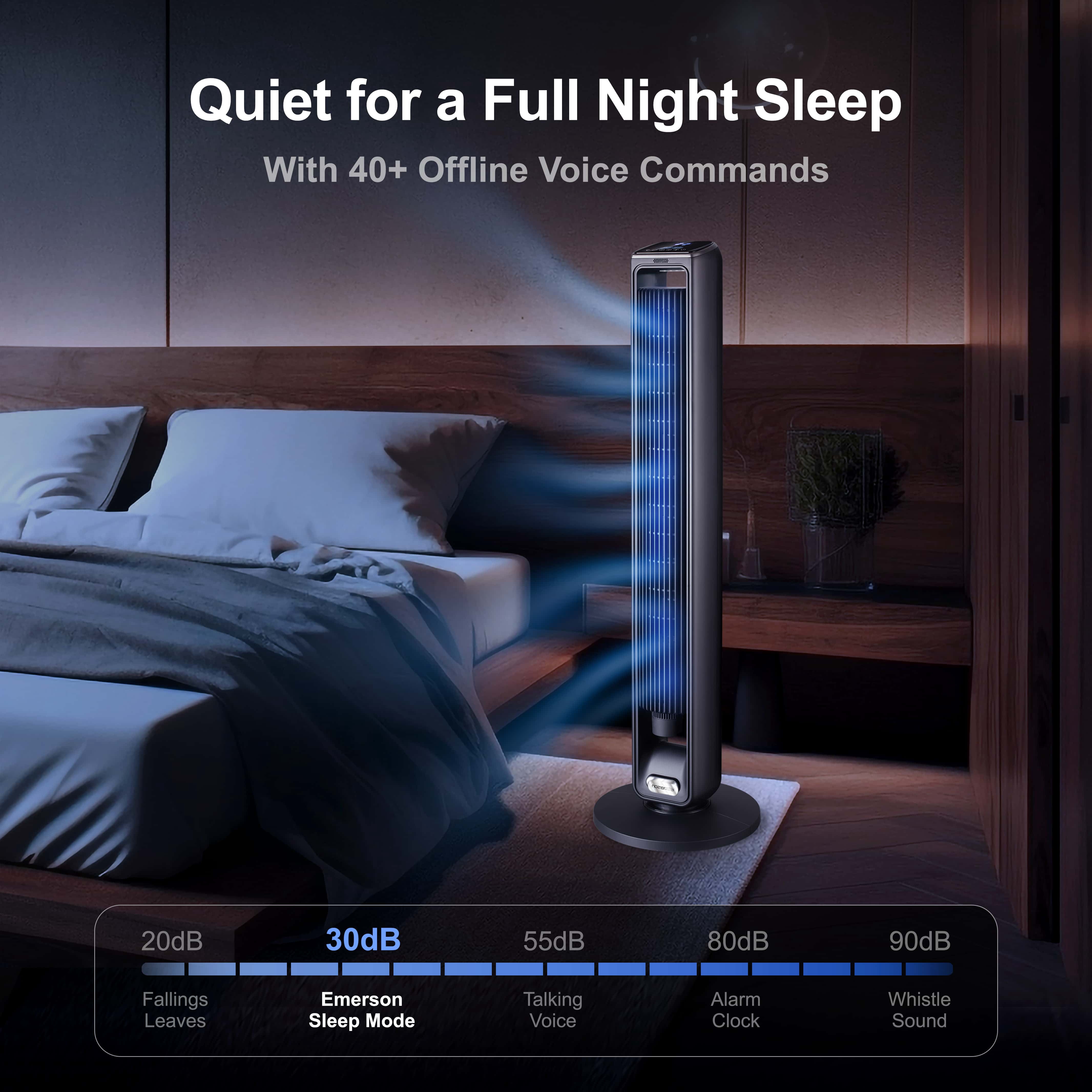 Emerson SmartVoice 42" Bladeless Tower Fan – 3-Speed Oscillating Fan with Offline Voice Control, 15-Hour Timer, Sleep Mode, Aroma Diffuser, Remote