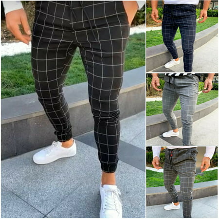 Gym Mens Trousers Plaid Tracksuit Bottoms Skinny Joggers Sweat Track