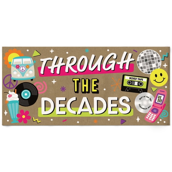 Big Dot of Happiness Through the Decades Kraft Paper Banner, 50s, 60s, 70s, 80s, and 90s-Themed Throwback Retro Party Banner, Printed Brown Paper Party Sign Decoration – 1 Count