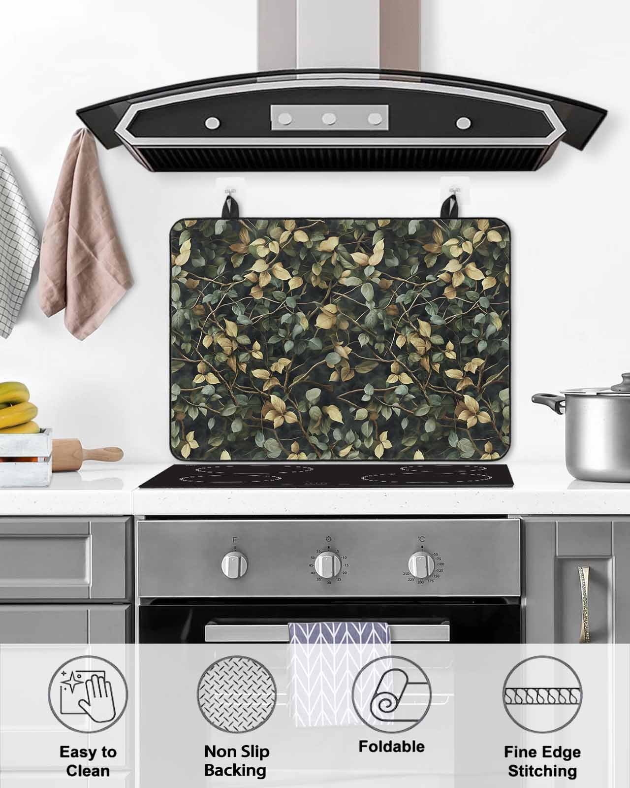nqOlkjepod Large Induction Cooktop Protector Mat 24"x21", Branches Green Leaves Stove Top Covers for Electric Stove, Vintage Botanical Forest Stove Burner Cover Mats, Glass Top Stove Cover
