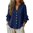 thumbnail image 5 of Feancey Cotton Linen Button Down Shirts for Women Dressy Casual Ruffle 3/4 Sleeve Blouse Summer Loose V Neck Gauze Shirt Elegant Work Tops Navy S, 5 of 10