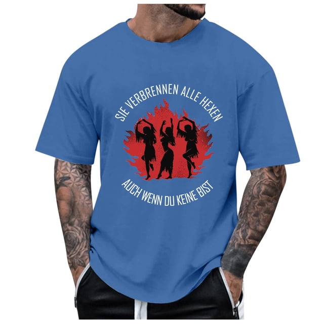 YDLCAFD Male Print Theme Casual Crewneck Fire Graphic Plus Size Shirt Printed Solid Color Short Sleeve Top