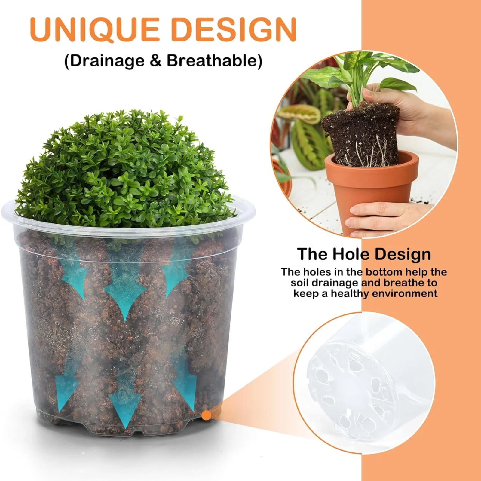 45 Pcs Transparent Plastic Flower Pots with Drainage Holes, Clear Seedling Starter Planters for Indoor Outdoor Gardening, Breathable Pot Set