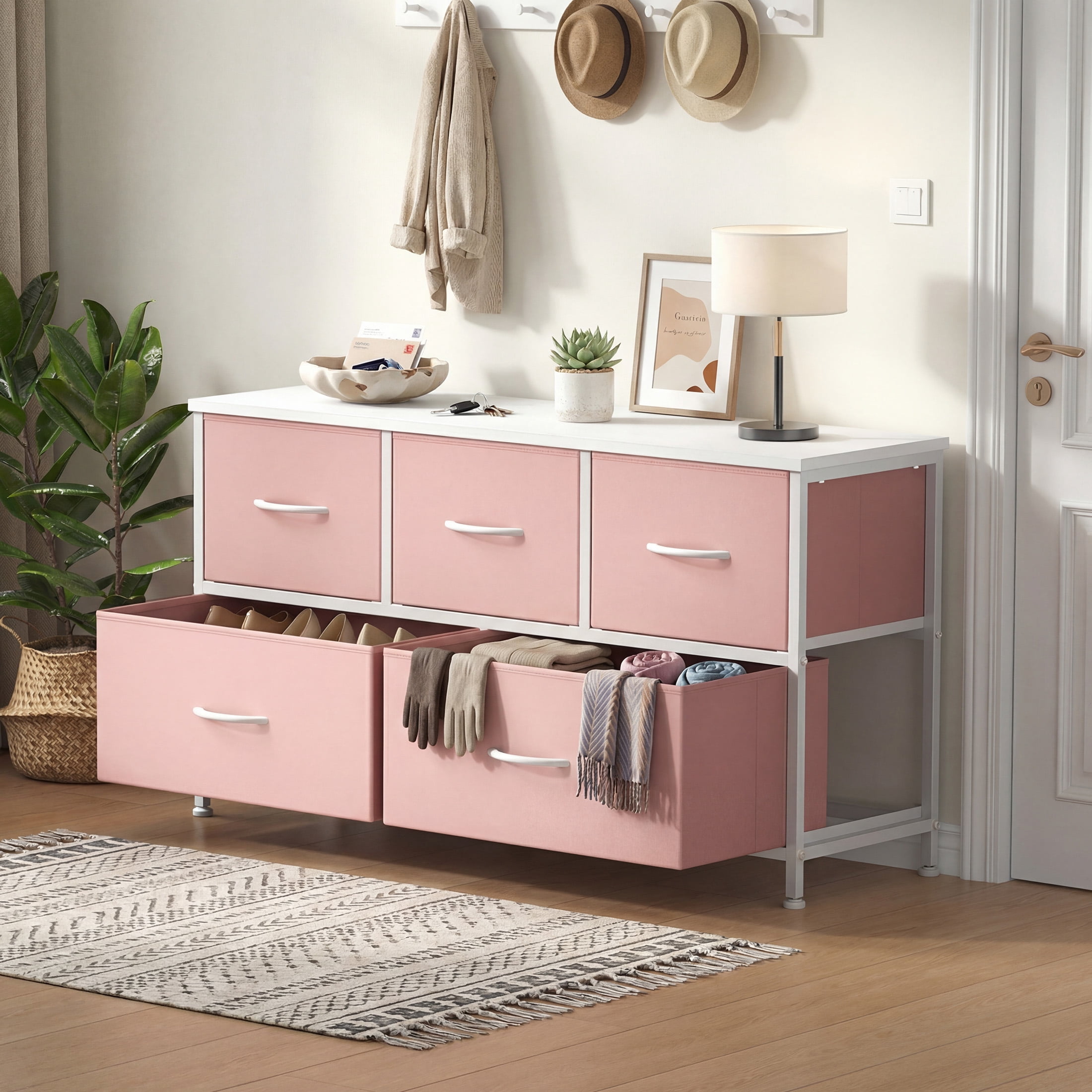 CONCETTA Dresser 5 Fabric Storage Drawer Dresser, TV Stand, Chest of Drawers for Bedroom, Closet, Entryway, Living Room, Pink