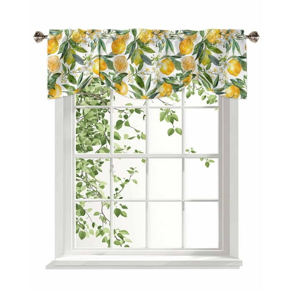 Tie Up Valance Curtain for Kitchen, Yellow Lemon Green Leaves Flowers Rod Pocket Short Curtains Adjustable Tie-Up Shade Valances, Summer Fruit Watercolor Window Treatment for Bathroom Bedroom 54x18in