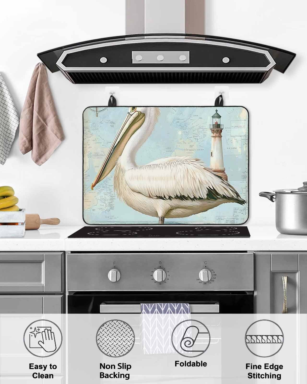 nqOlkjepod Large Induction Cooktop Protector Mat 36"x21", Vintage Nautical Coastal Stove Top Covers for Electric Stove, Summer Bird Ocean Wave Stove Burner Cover Mats, Glass Top Stove Cover