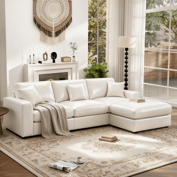 QuzyAor 99.6" PU Leather Sofa with Movable Ottoman, 3-Seater L-Shaped Couch, Waterproof & Wear-Resistant, Cream White, Ideal for Living Rooms, Apartments & Home Theaters