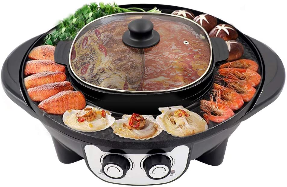 2 in 1 Electric Hot Pot with Grill Combo,2200W Smokeless Split-Design