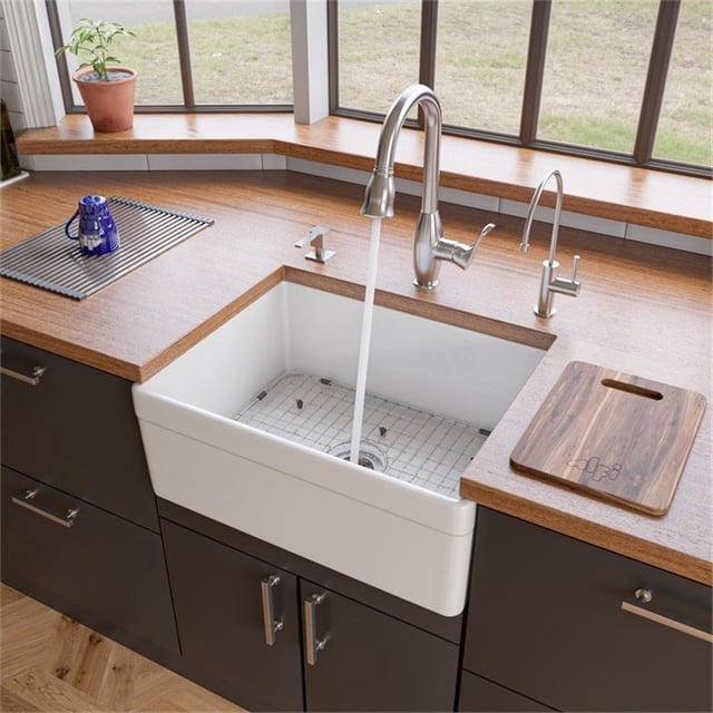 Pemberly Row Decorative Lip Apron Single Bowl Fireclay Farmhouse Kitchen Sink