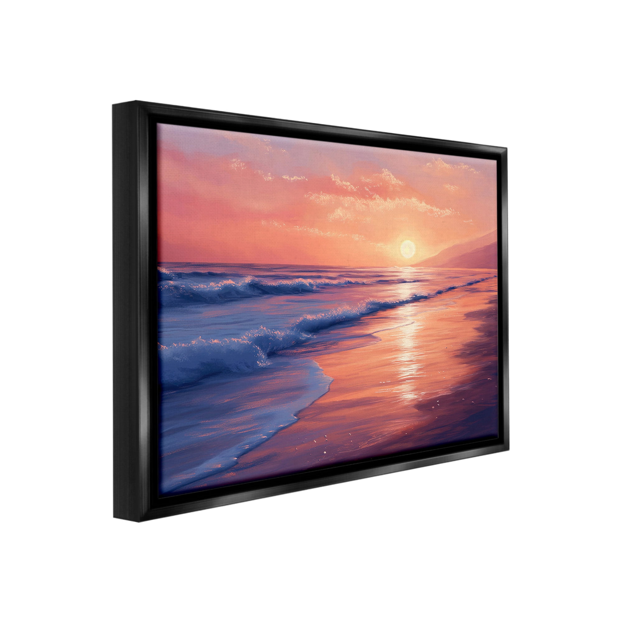 Stupell Industries Sunset over Beach Waves Landscape Photography Black Floater Framed Canvas Art Print Wall Art, 31 x 25