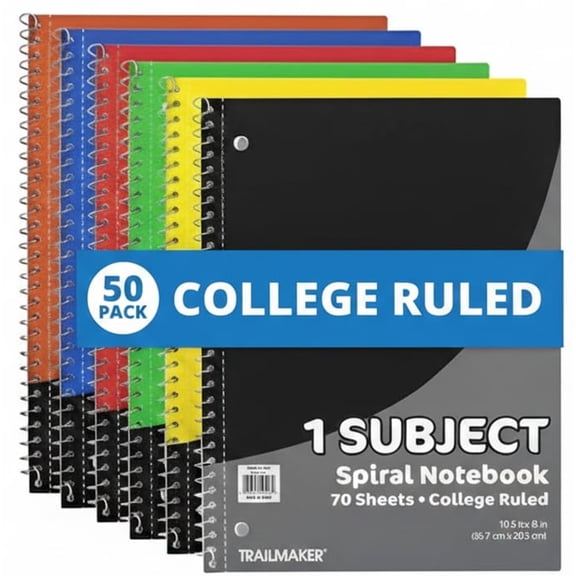 50 pack 1 Subject 70 Sheet College Ruled Lined Spiral Notebooks in Assorted Colors