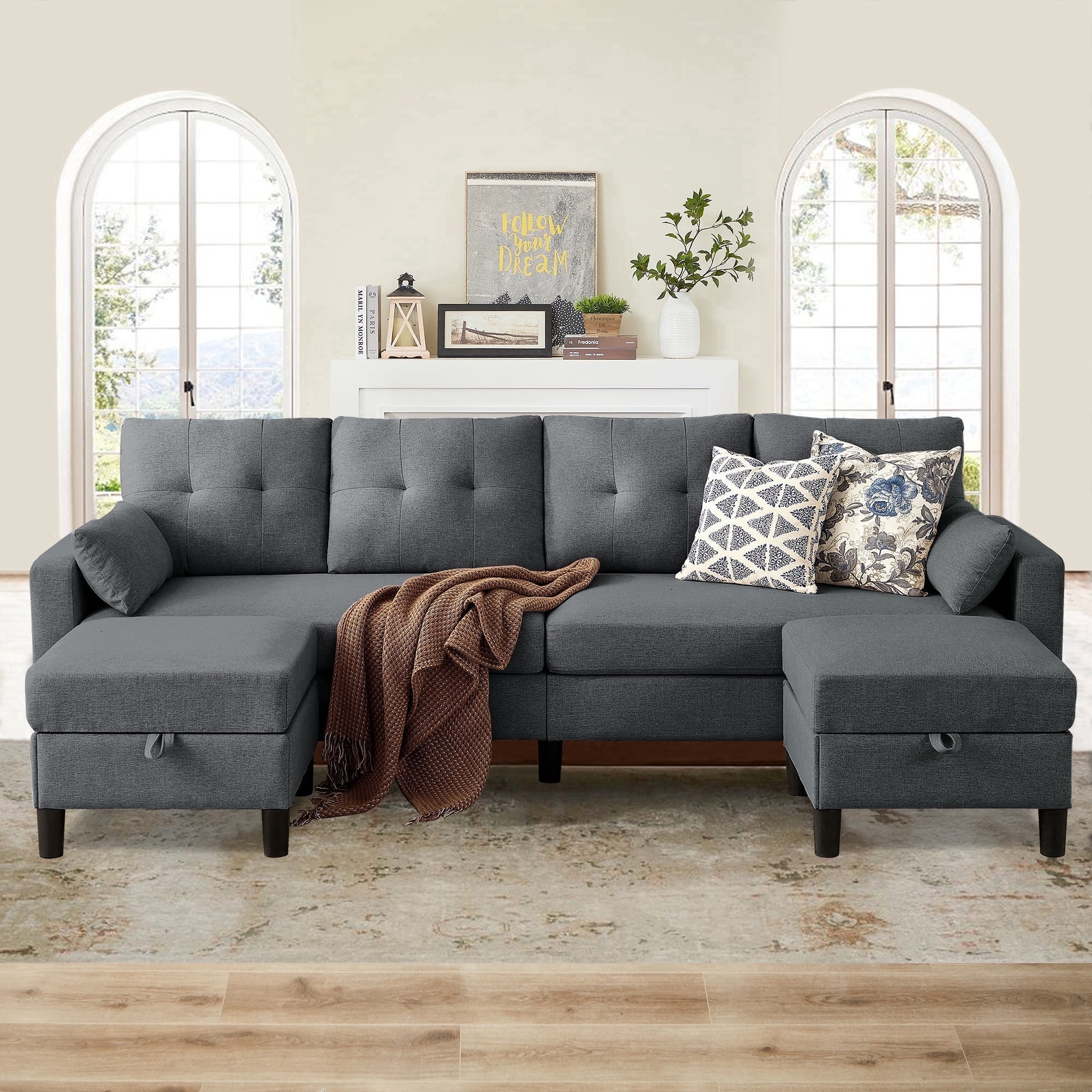 Soscana 101" Sectional Sofa with 2 Storage Ottoman,U Shaped 4 Seat Couch with Reversible Footstool and Side Pockets,Modern Convertible Sofa Couch for Living Room Home Apartment Office Studio