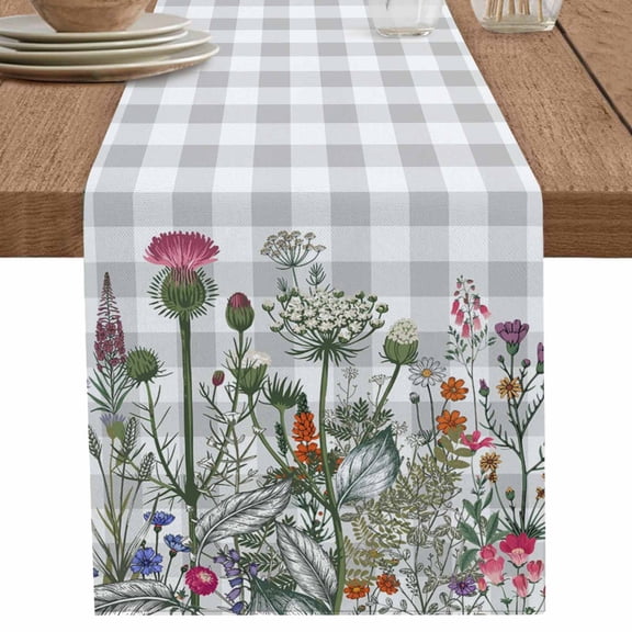 nqOlkjepod Spring Floral Table Runner 72 Inches Long Farmhouse Dress Scarves, Gray Plaid Farmhouse Flowers Watercolor Dining Tablerunner for Coffee Table/Kitchen Island/Party Décor, 13" x 72"