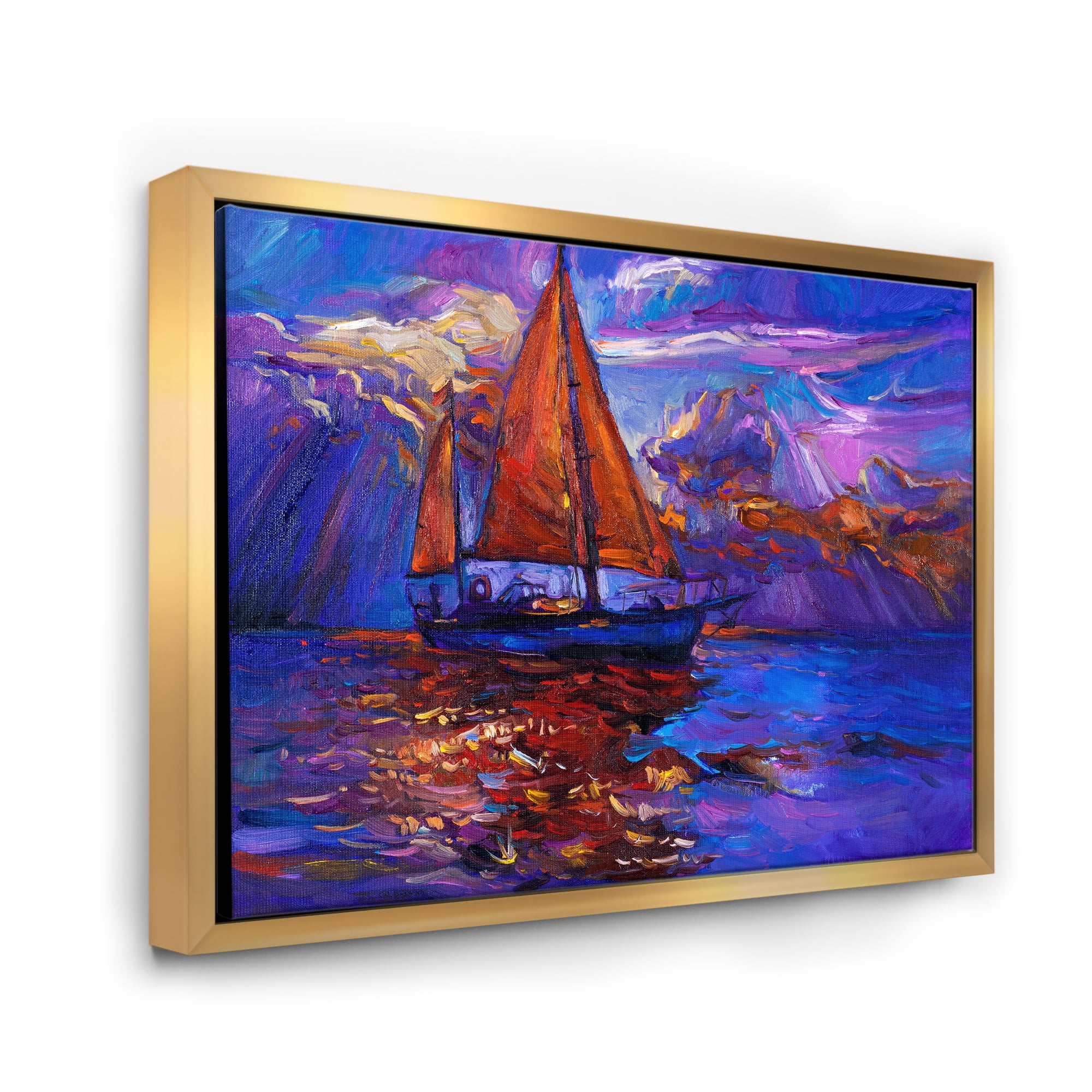 Designart 'Red Sail Ship On Purple Sunset in Blue Ocean' Nautical & Coastal Framed Canvas Wall Art Print
