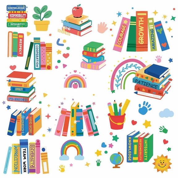 8 Sheets Book Wall Stickers Teaching Aids Window Stickers PVC Waterproof Self Adhesive Wall Decals Removable for Clings Stairway Housewarming Gift