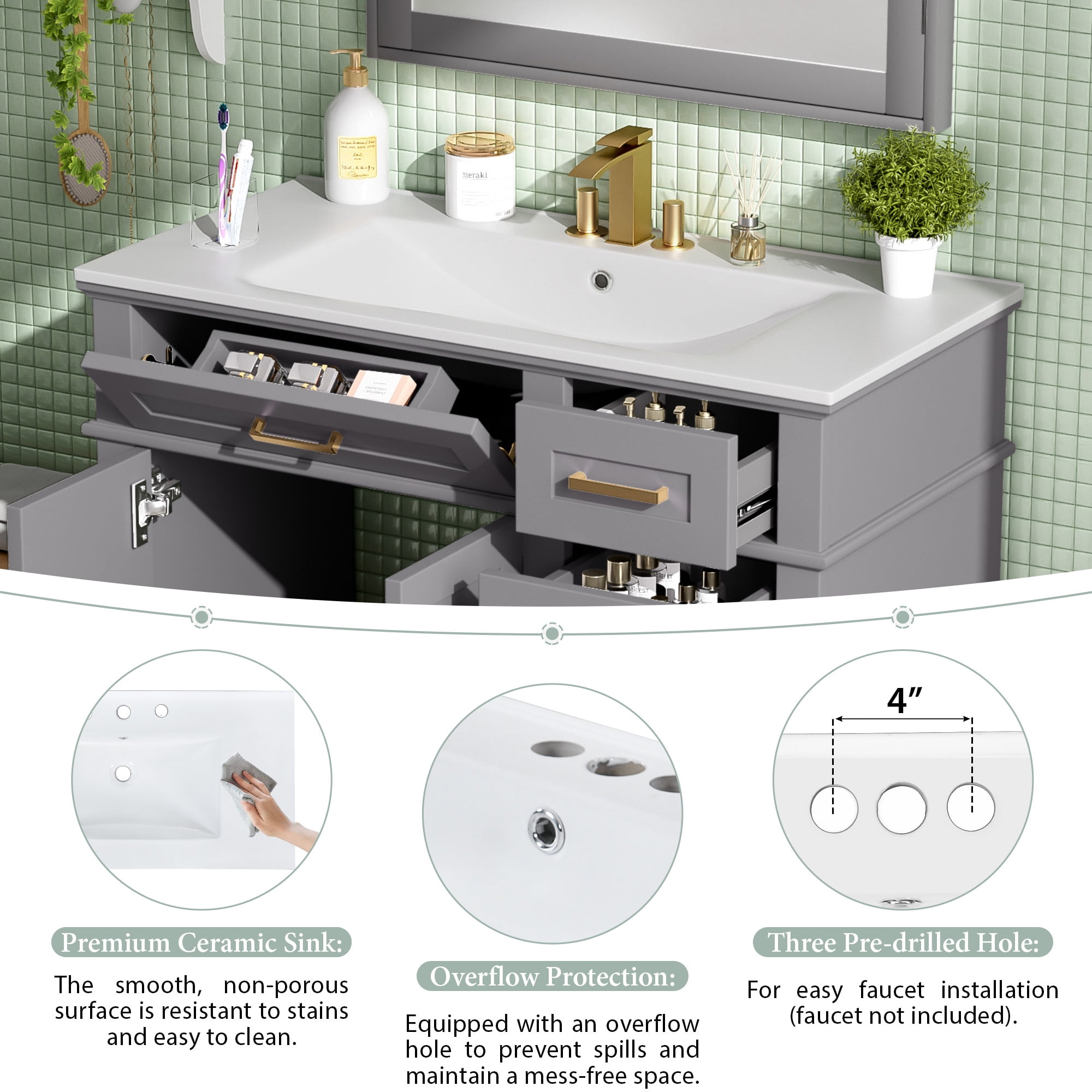 Euroco 36" Bathroom Cabinet with Ceramic Sink, Soft-Close Doors, Golden Handles, Ample Storage, and Overflow Protection