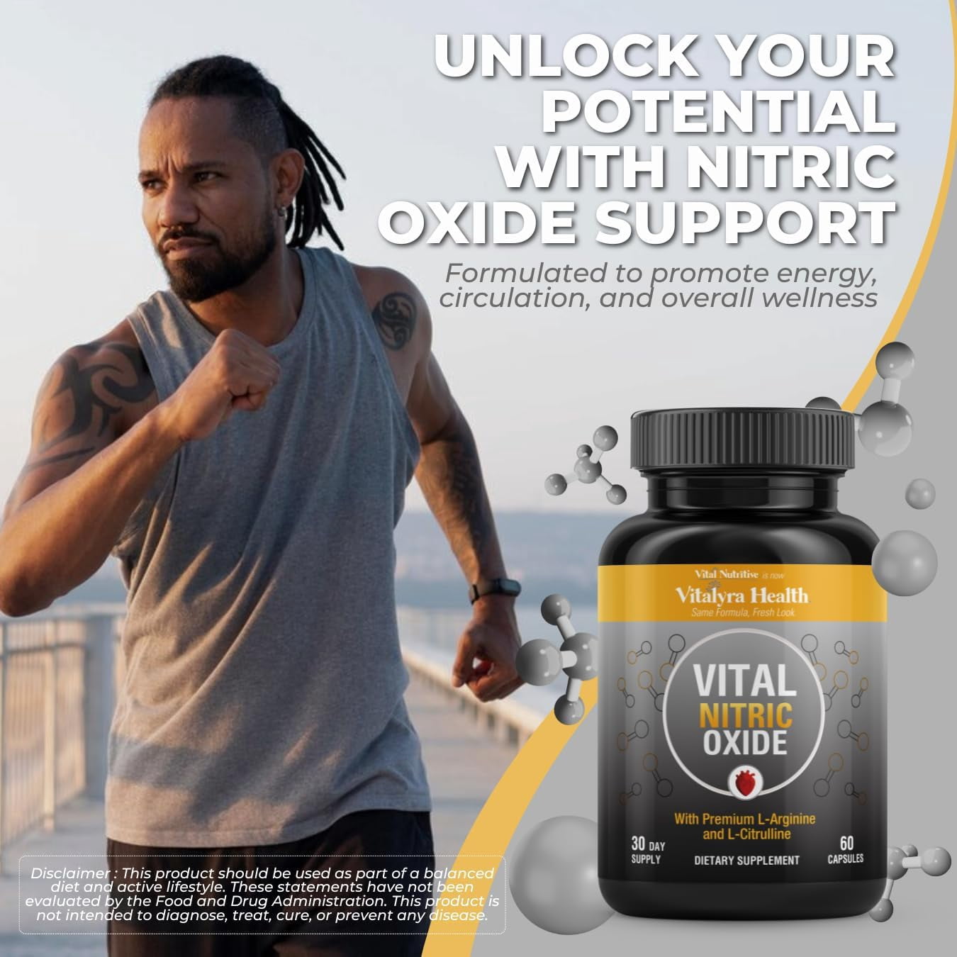 Vitalyra Nitric Oxide Supplement for Men with L-Arginine & L-Citrulline, Blood Flow Support, 60 Capsules