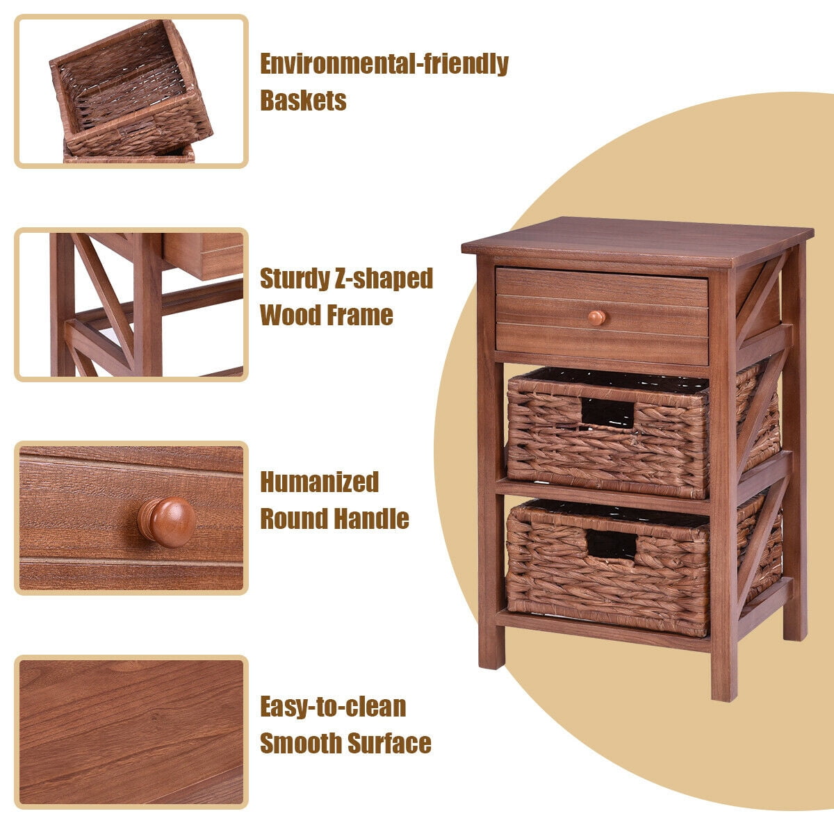 Costway 2 PCS 3 Tier Wood Nightstand Bedside End Table Organizer Drawer