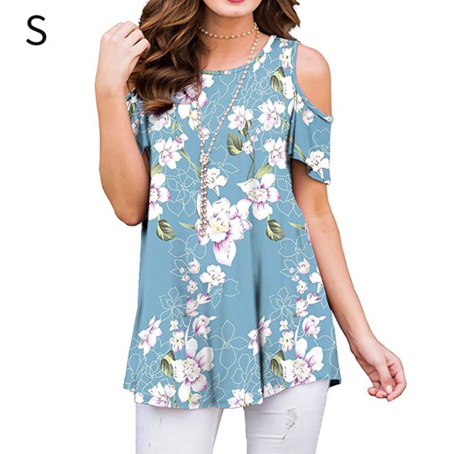 Camiseta de mujer con cuello redondo y hombros descubiertos Camiseta con estampado floral, azul, S Vogacara AP001532-06