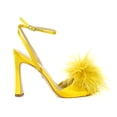 thumbnail image 3 of Sam Edelman Leon Ochre Satin Feather Pom Pom Detail Ankle Strap High Heel Sandal (Ochre Satin, 9.5), 3 of 8