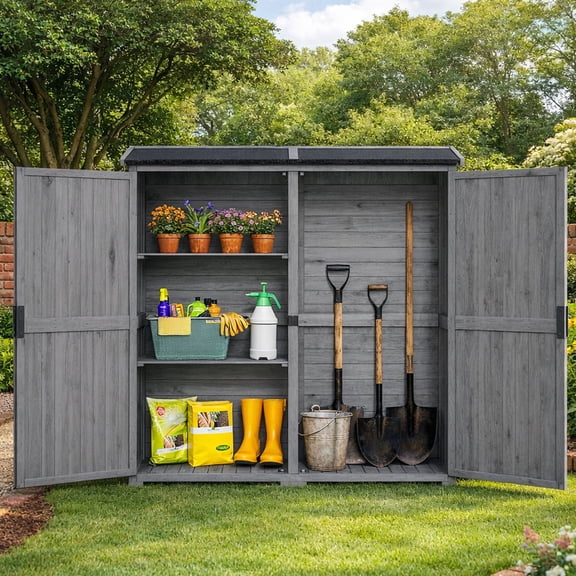 Aiho 55” Wide Outdoor Storage Shed with Lockable Double Doors - Weather-Resistant Garden Shed for Patio, Backyard & Lawn, Gray