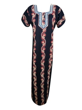 Mogul Womens Cotton Maxi Caftan Dress Neck Embroidered Short Sleeves Summer Fashion Beautiful Evening Kaftan Nightgown Sleepwear L