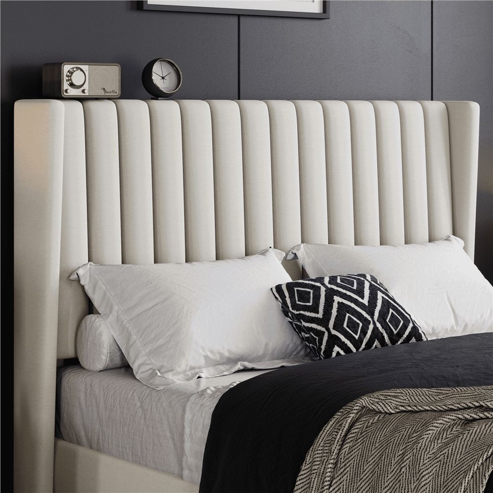 Renwick Upholstered Platform Full Bed Frame with Channel Headboard for Adult, Ivory