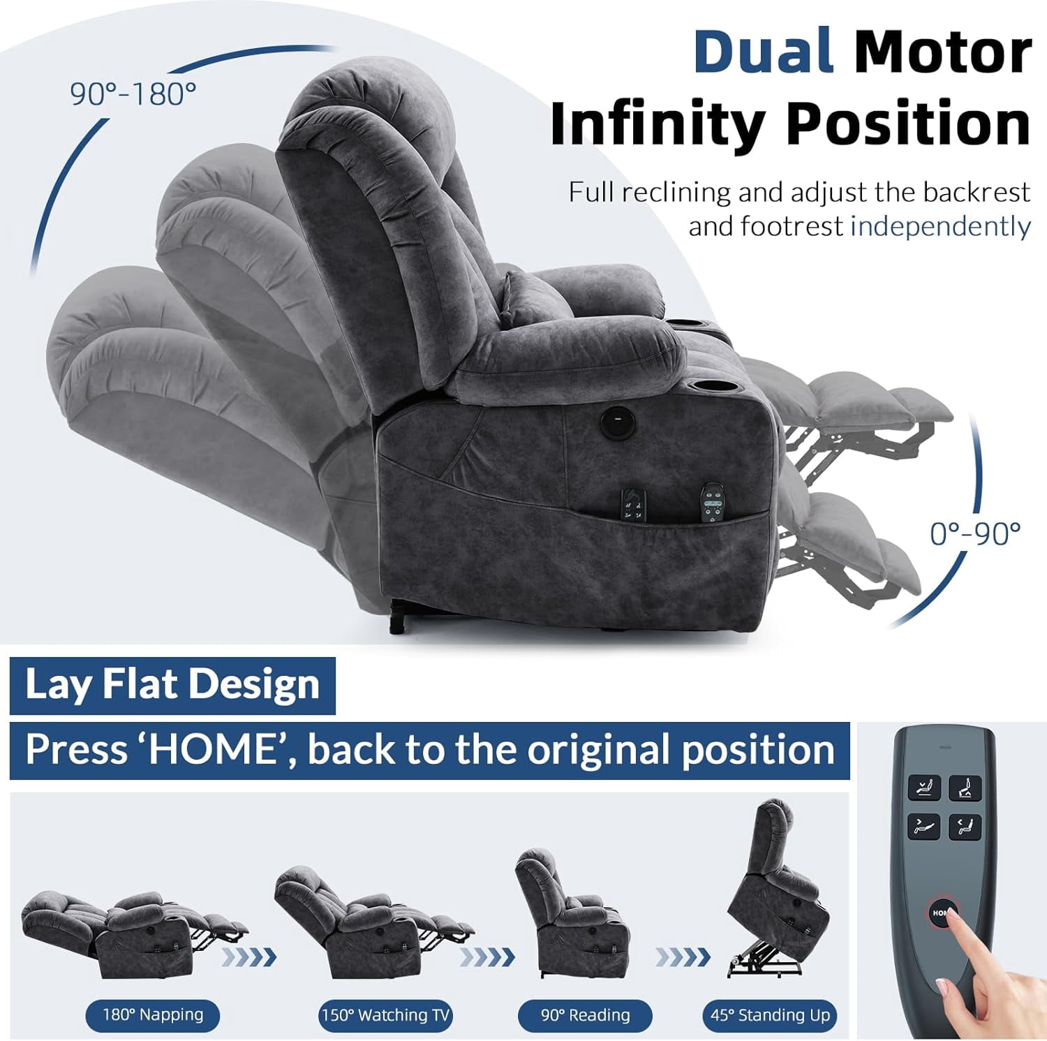 Large Dual Motor Lay Flat Power Lift Recliner Chair with Extended Footrest, Heat Massage, Oversized Electric Recliner for Big Tall Elderly, Lumbar Pillow, USB & Type-C Ports, Plush Gray