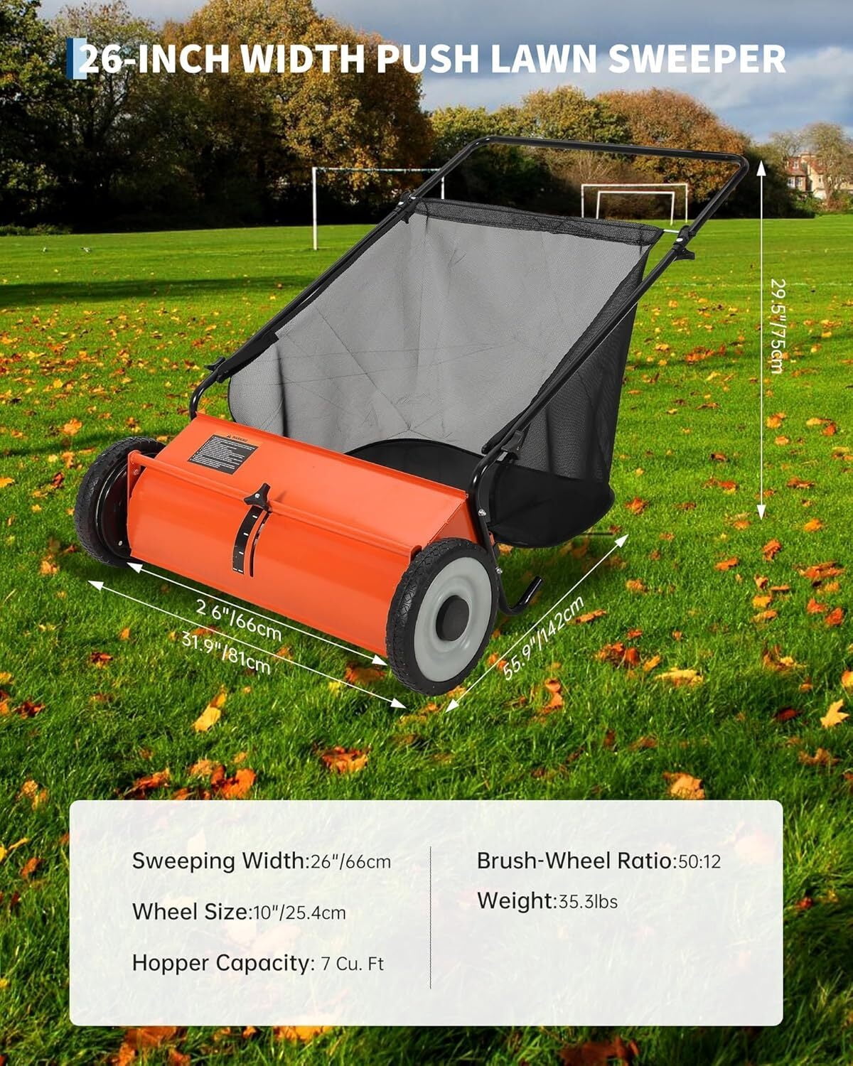 26-Inch Manual Push Lawn Sweeper with 7 Cu. Ft. Hopper Bag, 4 Fast Spinning Brushes & Adjustable Height, Heavy Duty Yard Sweeper for Leaves, Grass Clippings & Debris Collection