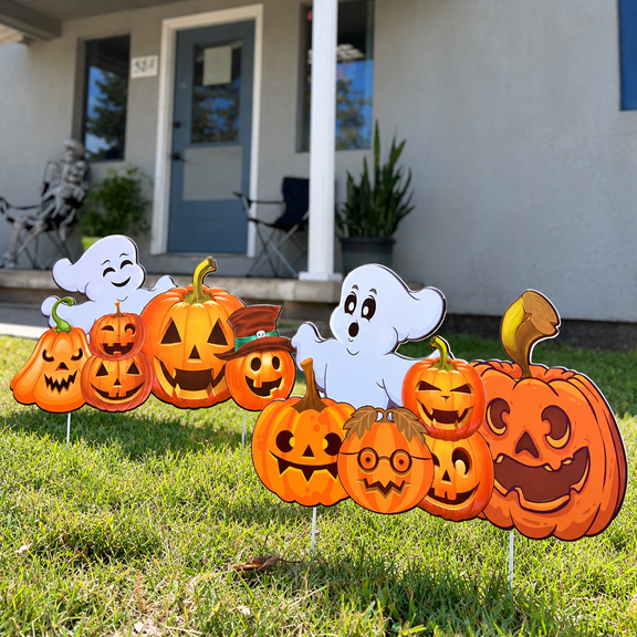 2Sets Halloween Yard Lawn Stakes Cute Pumpkin Yard Sign Vintage for Halloween Garden Decorations Outdoor