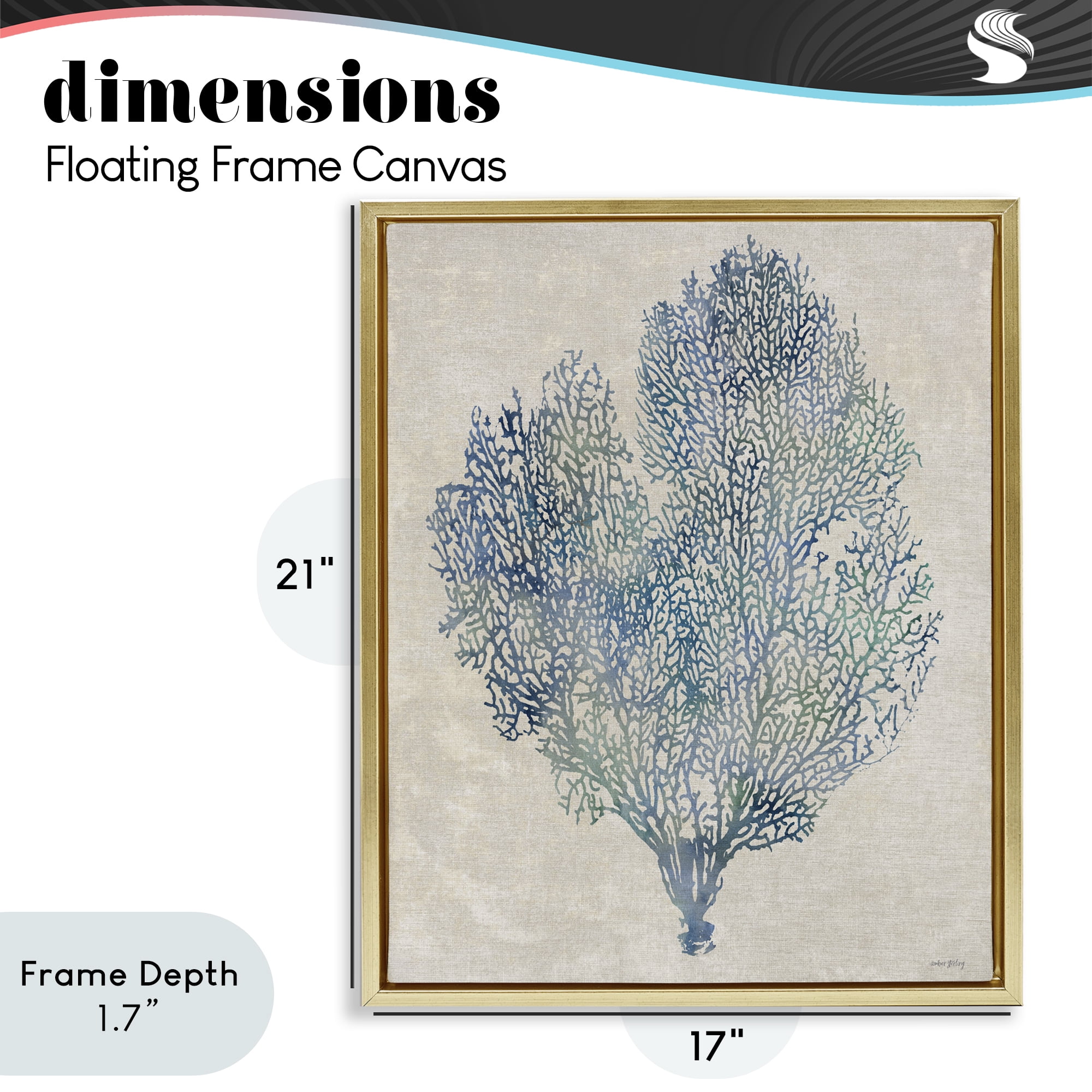 Stupell Industries Fan Coral in Blue & Green Gold Framed Floater Canvas Wall Art, design by Amber Sterling